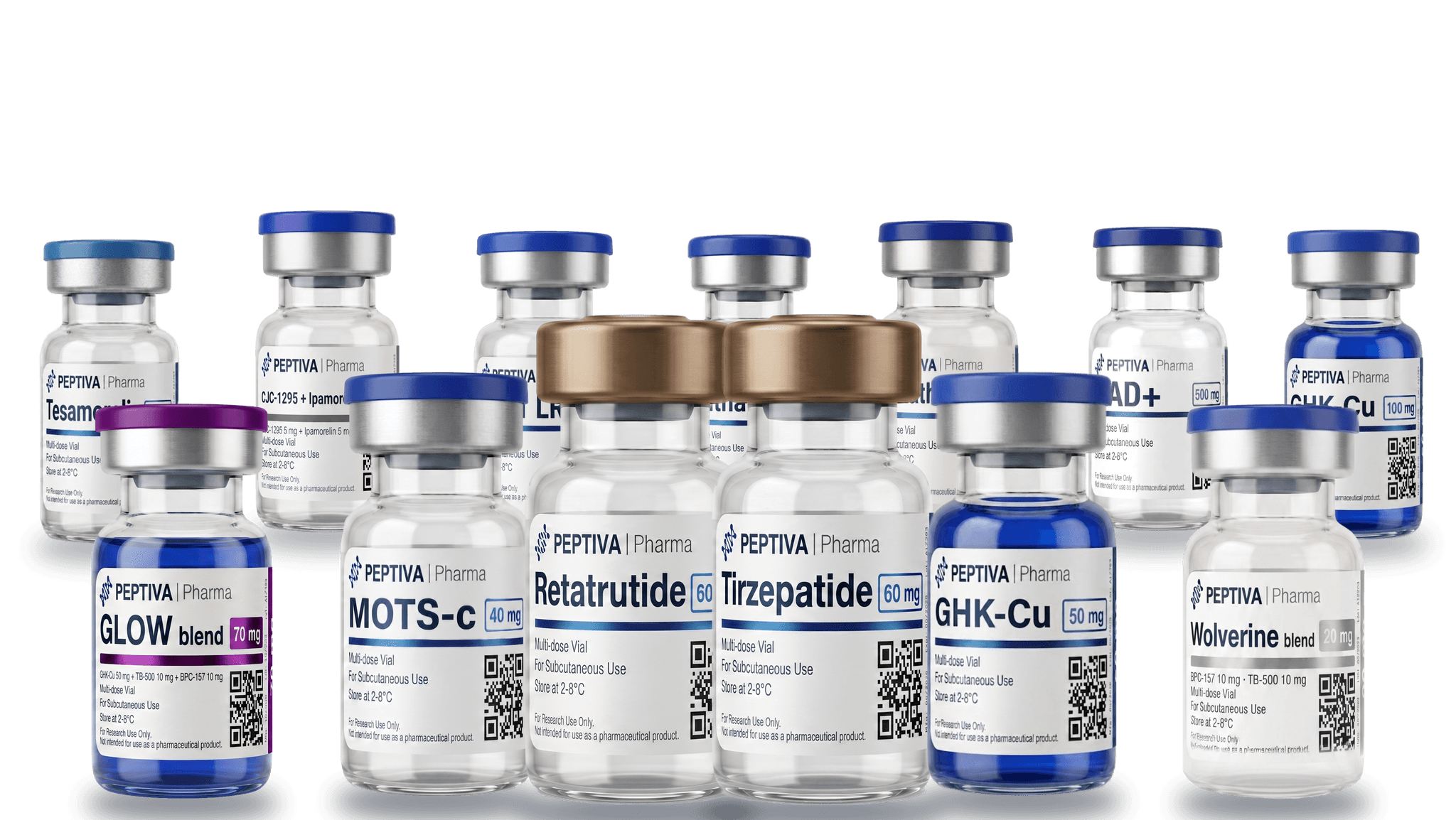 Catálogo de péptidos grado investigación de Peptiva Pharma: tirzepatida, retatrutida, GHK-Cu, NAD+, MOTS-c y más
