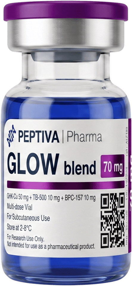 Vial de GLOW 70 mg grado investigación, Peptiva Pharma