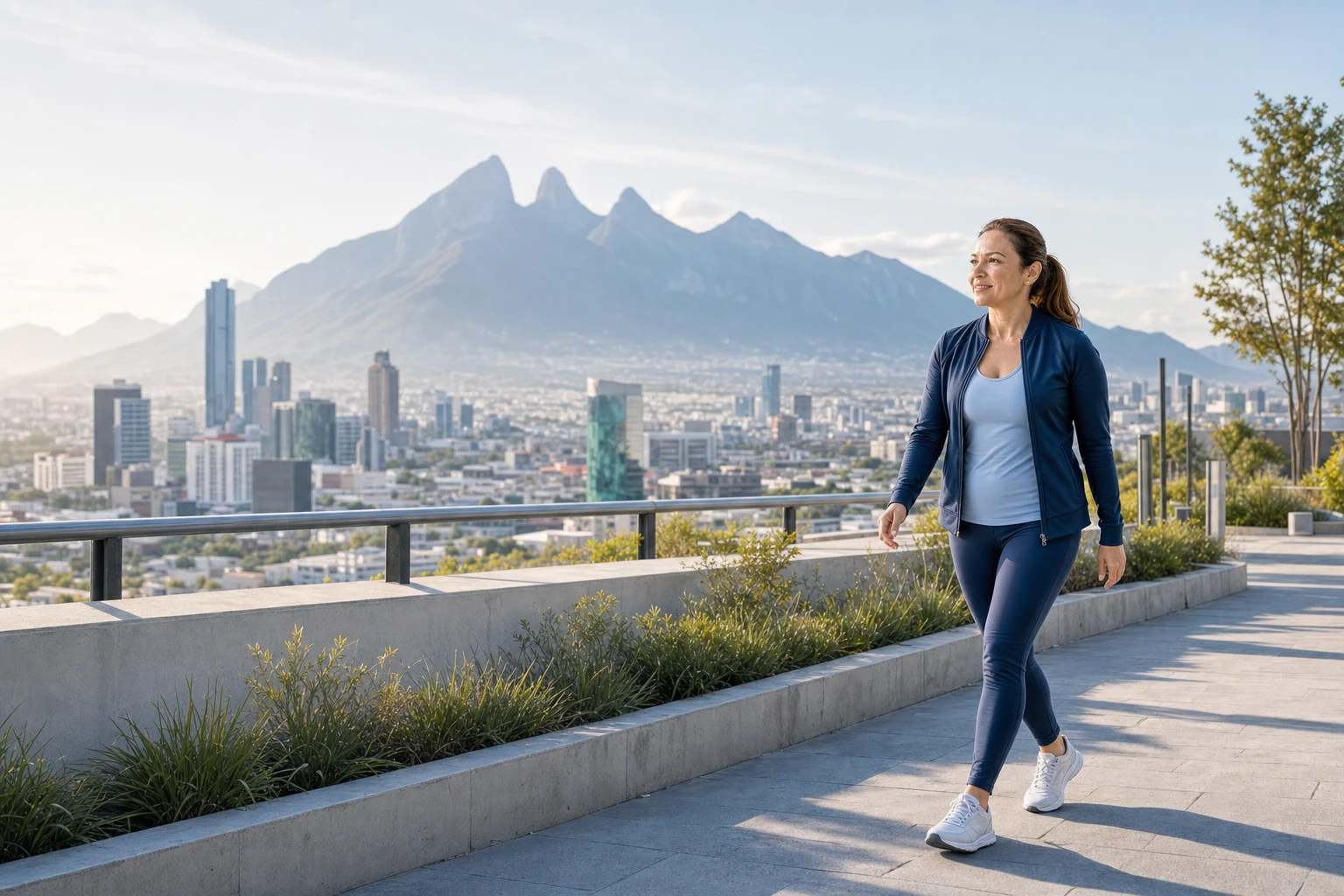 Persona activa caminando en Monterrey con la ciudad y el Cerro de la Silla al fondo